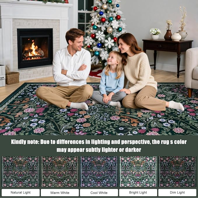 Area Rugs 9x12 Living Room: Floral Washable Rug Vintage Large Soft Boho Non-Slip Carpet Indoor Floor Stain Resistant Low Pile Carpets for Bedroom Dining Room Farmhouse Nursery Home Office Dark Green