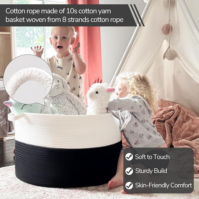 INDRESSME XXXLarge Woven Rope Blanket Basket Living Room White Black, 90L | 21.7" x 13.8" Storage baskets for toys laundry & pillows. Fits living room, bedroom or nursery décor. Soft-touch with handles