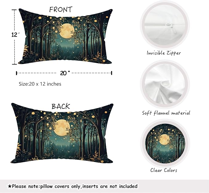 Rustic William Morris Inspired Night Moon Forest Decor Pillow Covers 20x12 Set of 2,Vintage Black and Gold Nature Landscape Botanical Decorative Throw Pillow Covers for Home Bedroom Living Room