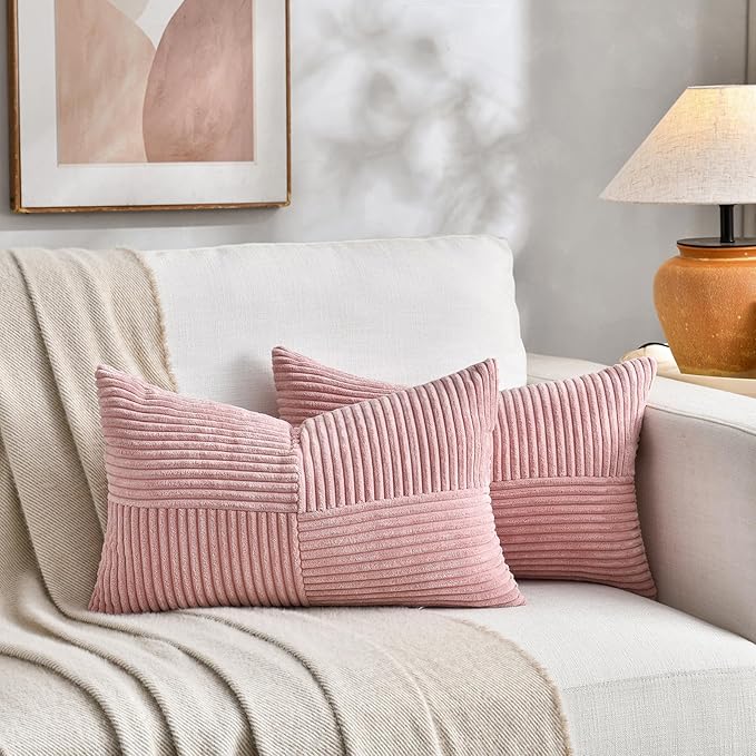 Fancy Homi 2 Packs Blush Pink Long Lumbar Decorative Throw Pillow Covers 12x24 Inch for Couch Bed Sofa, Rustic Farmhouse Boho Home Decor, Soft Striped Corduroy Rectangle Accent Cushion Case 30x60 cm