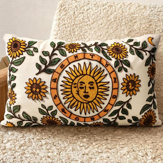 Embroidered Lumbar Pillow Cover 20x12 Inch, Sunflower Moon | Decorative Throw Pillow Cover, Farmhouse Boho Cushion Case with Hidden Zipper, Autumn Decor for Couch, Sofa, Living Room