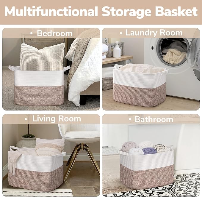 Goodpick 50L Large Woven Storage Basket, 18" x 14" x 12", Brown | Stylish Gift Basket for Home Decor, Cotton Rope Baskets for Toys & Clothes Storage, Living Room & Bedroom Organization
