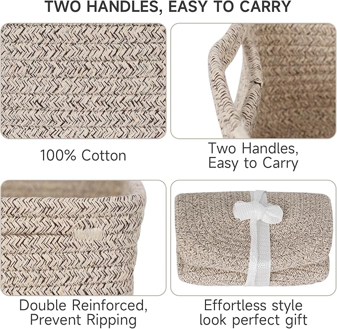 3 Pack Storage Baskets for Organizing, 13.7×9.5×6.3", Mixed brown | Woven Baskets for Shelves, Cotton Rope Basket for Gifts Empty, Closet Organizer Bins with Handles, Cube Decorative Box