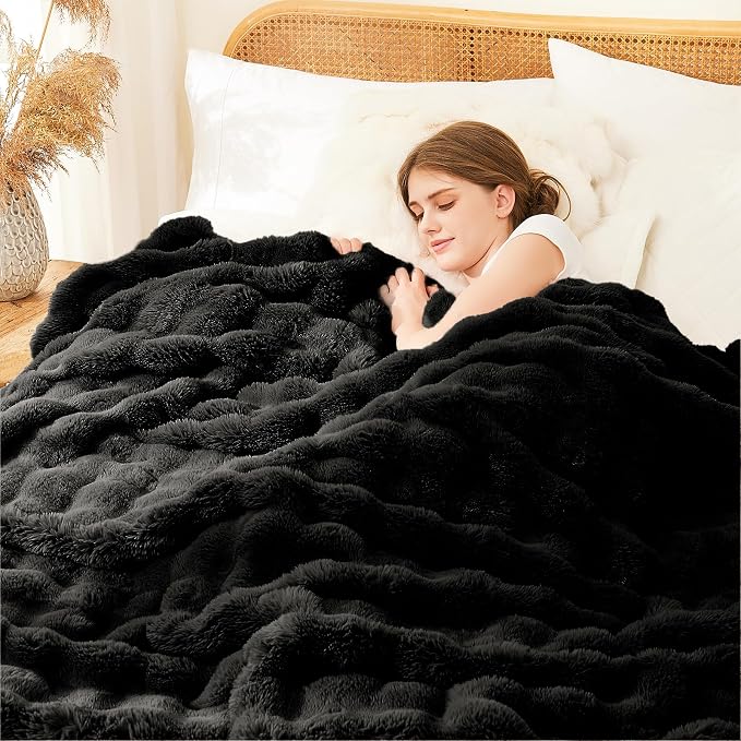 L'AGRATY Faux Rabbit Fur Throw Blanket for Couch, 60'' x 80'', Black | Soft Cozy Bubble Fluffy Blanket for Sofa Bed, Thick Warm Plush Fuzzy Throw for Room Home Decor, Luxury Gift for Women Mom