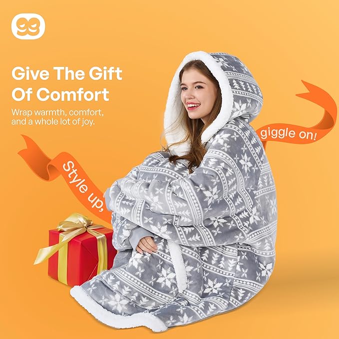 Giggling Getup Wearable Blanket Hoodie for Adults Gifts for Teen Girls Sister Women Sherpa Fleece Printed Hooded Blanket Sweatshirt Warm Cozy with Pocket & Sleeves Grey Snowflake