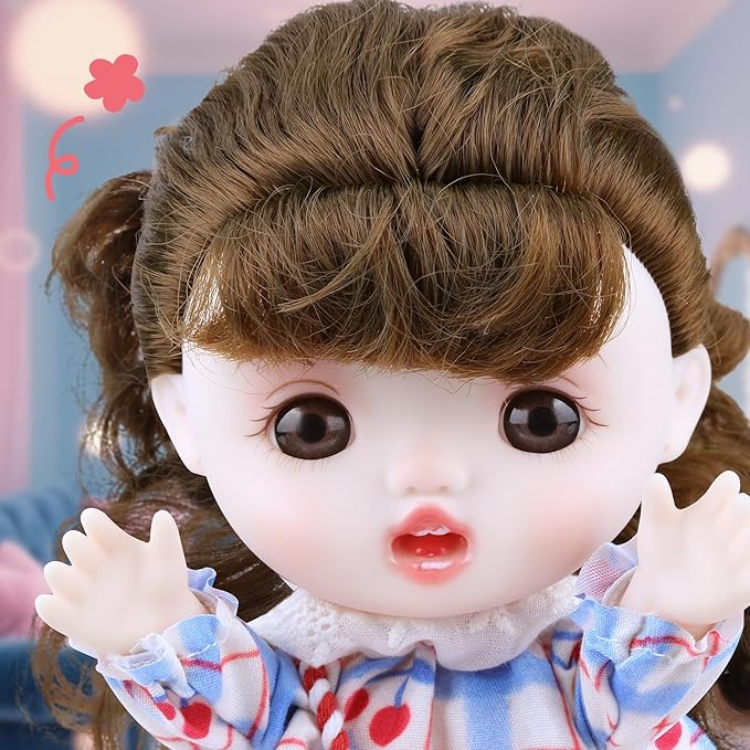Vinyl Plush Doll, Dolls for Girls with Vinyl Face Brown Curly Hair Blue Dress Cute Movable Arms Legs, Princess Toys Kawaii Jointed Dolls Gifts for Collectibles Birthday Christmas Room Décor 8.6 Inch