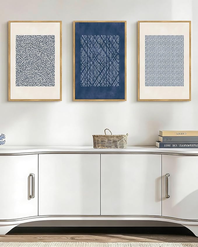Drsoum Blue Mid-Century Modern Framed Wall Art Large 16x24in Minimalist Abstract Boho Wall Decor Geometric Artwork Kitchen Dining Room Natural Framed