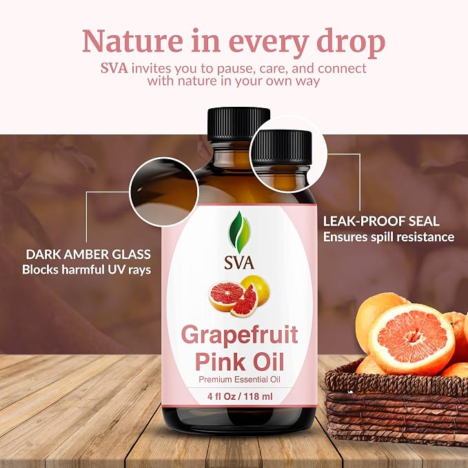 SVA Grapefruit Essential Oil Pink – 4 Fl Oz – for Diffuser, Skin & Hair Care – Ideal for Massage & DIY Blends- with Dropper