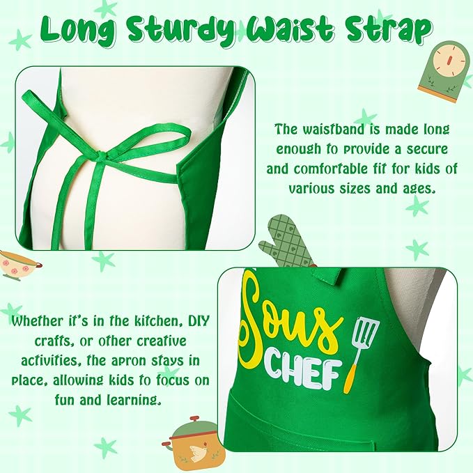 Kid Apron and Chef Hat Set - R HORSE 2Pcs Adjustable Children Green Kitchen Apron, Dress up Role Play Chef Toy Cooking Baking Painting and Training Kits Kid Funny Cooking Gift Birthday Gift for Kids