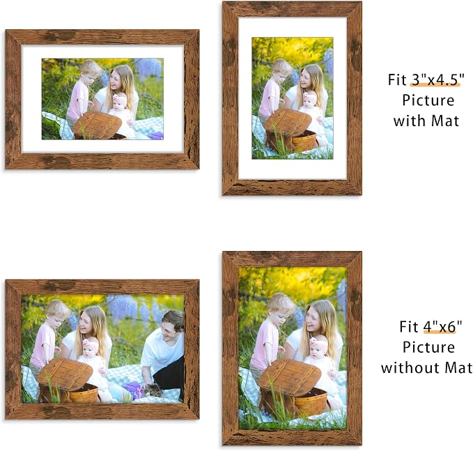 Picrit 4x6 Picture Frame Set of 12, Display 3.5x5 with Mat or 4x6 without Mat, Photo Frames for Wall Mounting or Table Top Display, Brown