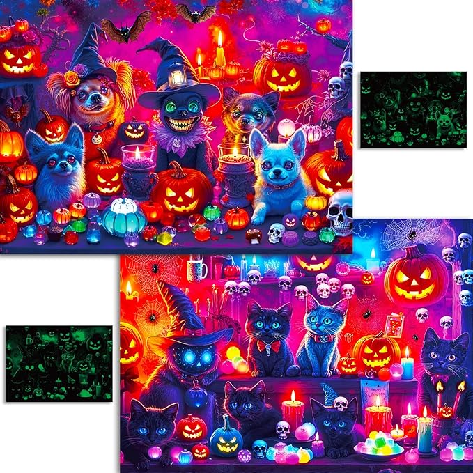 Puzzles 1000 Pieces for Adults,Two Pack Glow in The Dark - Spooky Cat & Dog Party Jigsaw Puzzle, Challenging Animal Theme Gift, 26.77x19.29 Inch