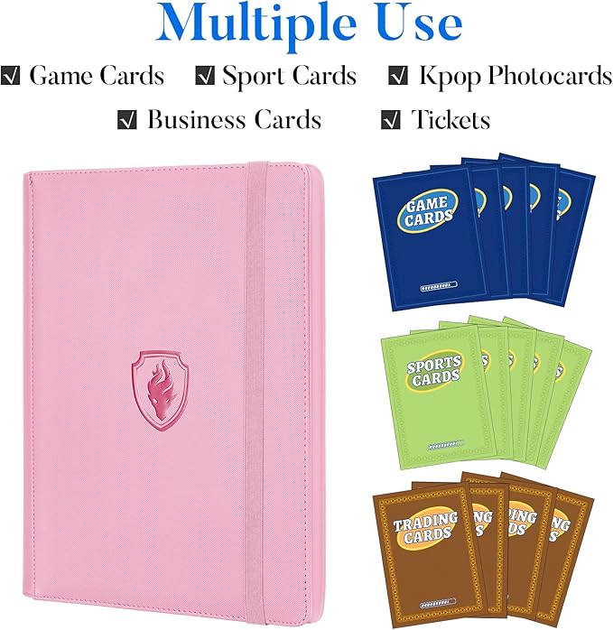 Premium 9 Pocket Card Binder for 540 Cards, Fabmaker PU Cover Trading Card Binder, Sturdy Card Collection Album, Sleek Card Holder Folders for Game Cards & Sports Cards, Pink