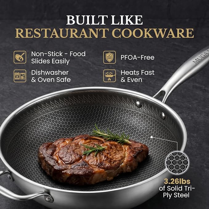 MUGAA® 12.5" Honeycomb Stainless Steel Wok with Lid Nonstick Induction Safe | Heavy-Duty Stir Fry Pan, Induction Compatible & Even Heat Distribution, PFOA-Free Non Toxic Cookware, Oven & Dishwasher Safe