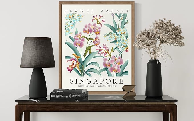 Singapore Flower Market Art Print Poster, Wall Art Floral Painting Botanical Decor for Bedroom, Kitchen, Bathroom Livingroom Decoration 82B (Singapore, 14"L x 11"W, Wood Frame)