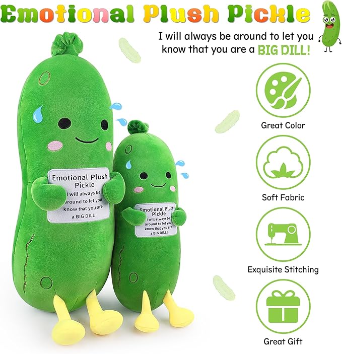 Emotional Plush Pickle,Pickle Stuffed Animal-12.6” Food Plushies Cucumber Stuffed Animal with Positive Words,Kawaii Plush Toys Birthday Gifts,Cute Vegetable Plushie Pillow for Kids Adults