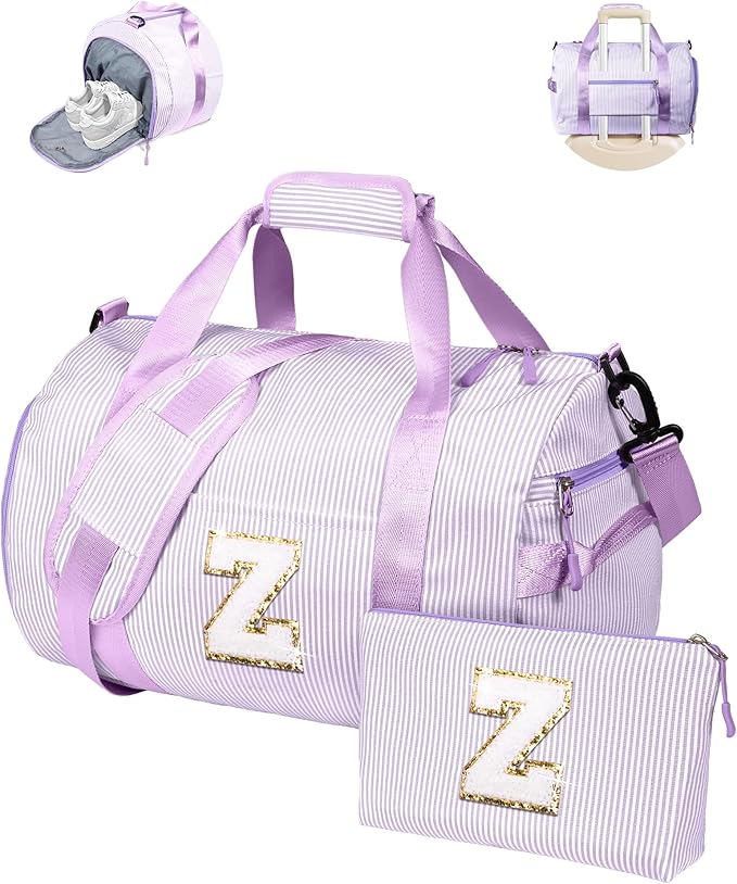 5 6 7 8 9 Year Old Girl Birthday Gifts, Girls Travel Duffle Bag, Kids Initial Overnight Duffel Bags with Shoe Compartment, Personalized Dance Bag with Cosmetic Pouch, Trendy Stuff (Letter Z)