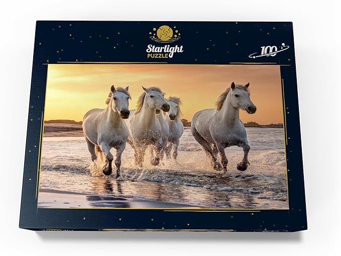 MyPuzzle White Camargue Horses Galloping On A Beach in France - Premium 100 Piece Jigsaw Puzzle for Adults