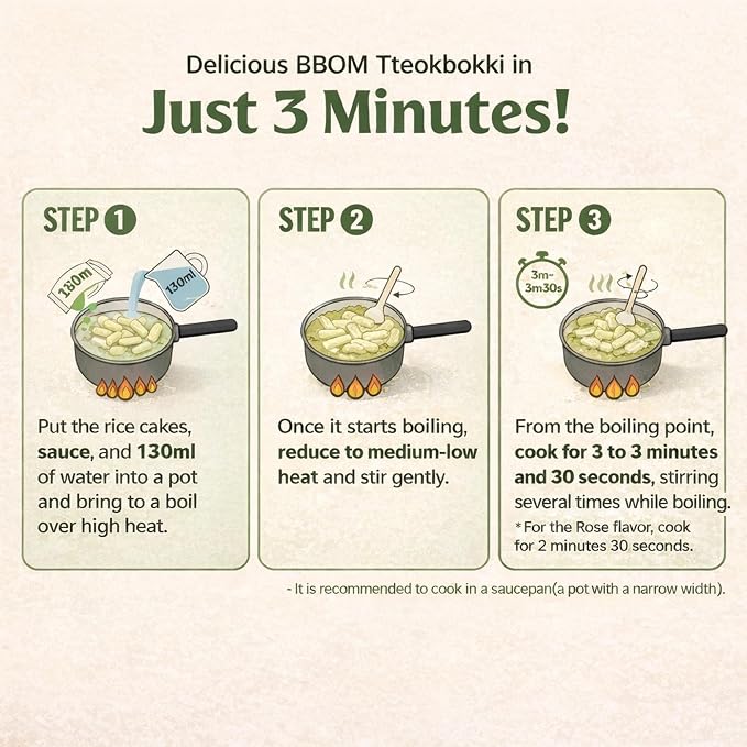 BBOM Instant Korean Tteokbokki Pouch – Basil Cream Flavor Korean Rice Cakes – Easy to Prepare Street Food – Includes Tray, Rice Cakes & Powder Sauce, 5.19 oz (147 g) x 2