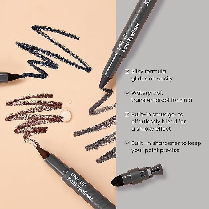 JOAH Beauty LINE UP Kohl Eyeliner, Ultra-Smooth & Highly Pigmented Silky Formula, Argan Oil Infused, Longwear, Transfer-Proof, Waterproof, Built-In Smudger & Sharpener - Charcoal