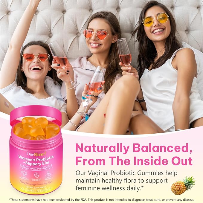 Feminine Probiotics Gummies 2PCS, Vaginal Probiotics for Women Gummies with Slippery Elm,Feminine Balance pH for Healthy Odor,Improve Immune,Support Vaginal Health,Natural Pineapple Flavor,60 Count