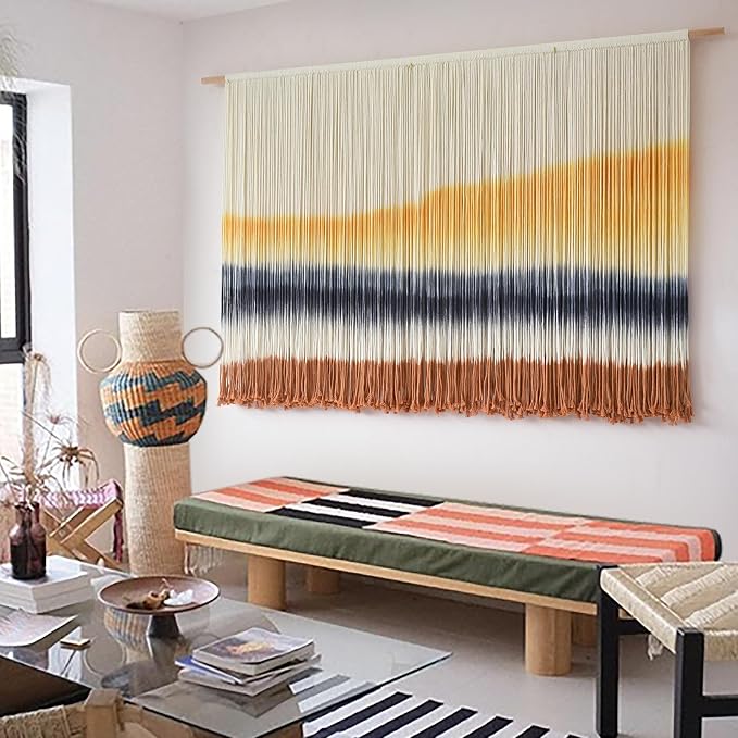 Flber Macrame Wall Hanging Extra Large Dip Dye Boho Wall Decor 57" W*35" L | Extra Large Wall Hanging, Hand Dyed Fiber Art, Gradient Color Design, for Living Room, Boho Decor, Cozy Home Accent