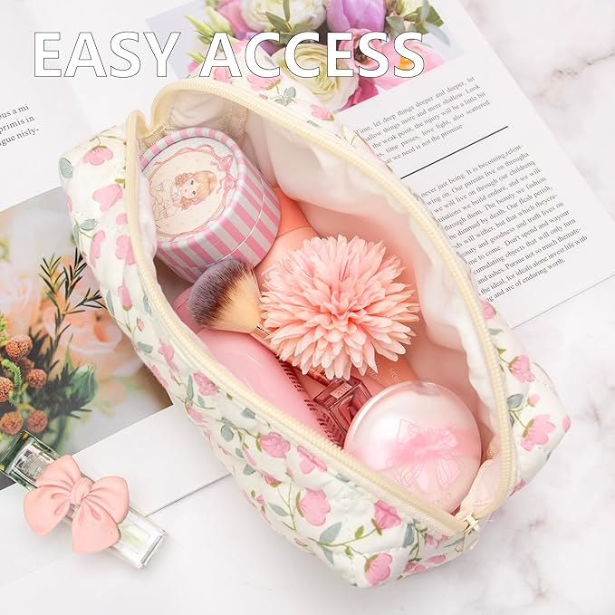 PAZIMIIK Small Quilted Makeup Bag,Zipper Cosmetic Pouch,Floral Pink,2 Pack | Lightweight Cosmetic Bag Organizer for Women,Purse Storage Holds Makeup,Toiletries,Skincare,Beauty Essentials,Travel Items