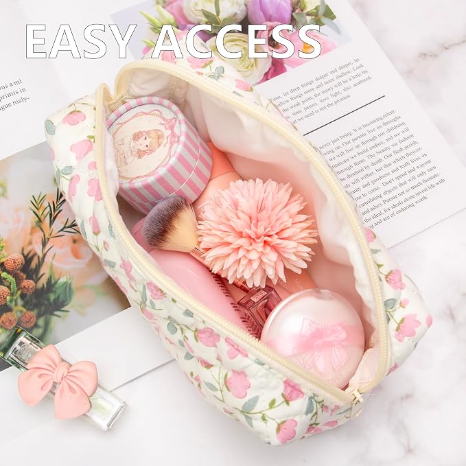 PAZIMIIK Small Quilted Makeup Bag,Zipper Cosmetic Pouch,Floral Pink | Lightweight Cosmetic Bag Organizer for Women,Purse Storage Holds Makeup,Toiletries,Skincare,Beauty Essentials,Travel Items