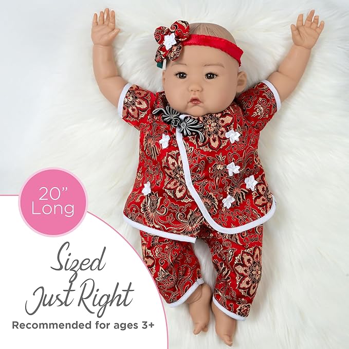 Paradise Galleries 20 Inch Asian Realistic Reborn Baby Girl Doll with Panda Outfit and Lovely Red Headband Gift Set for Kids – Baby Mei