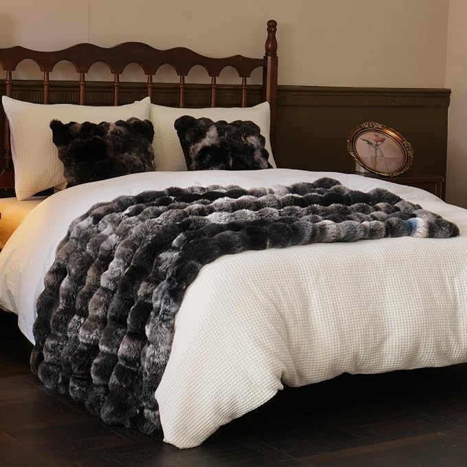 BENVWE Fluffy Faux Fur Throw Blanket for Couch, Soft Plush Thick Cozy Fuzzy Luxury Minky Bubble Blanket for Home Living Room Decor Gift for Women, Tie-dye Grey, 63" x 80", 1100GSM