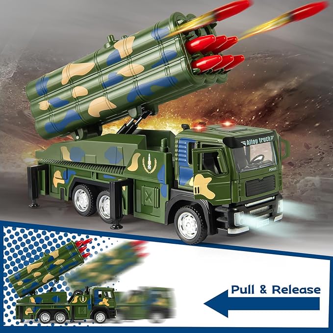 Army Truck Toy, Military Vehicle Toy with 9 Missile Launcher Alloy Cab, Die-cast Army Toy with Lights & Sounds, Birthday Party Gift for 3 4 5 6 Years Old Boys and Girls