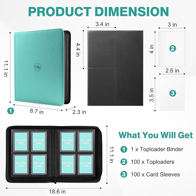 Toploader Binder, Holds 160 Toploaders, 100 Toploaders INCLUDED, 4-Pocket PU Cover Top Loader Binder for 3" x 4" Rigid Toploader, Ringless Double-Sided Toploader Card Binder for TCG, Sport Cards