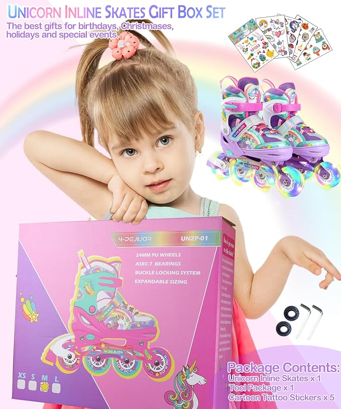 Unicorn Rainbow Inline Skates for Girls Teens Womans,4-Pejiijar Roller Skates for Girls Ages 6-8-12 w/Luminous Wheels,Kids Adjustable Roller Shoes for Birthday Xmas Gifts