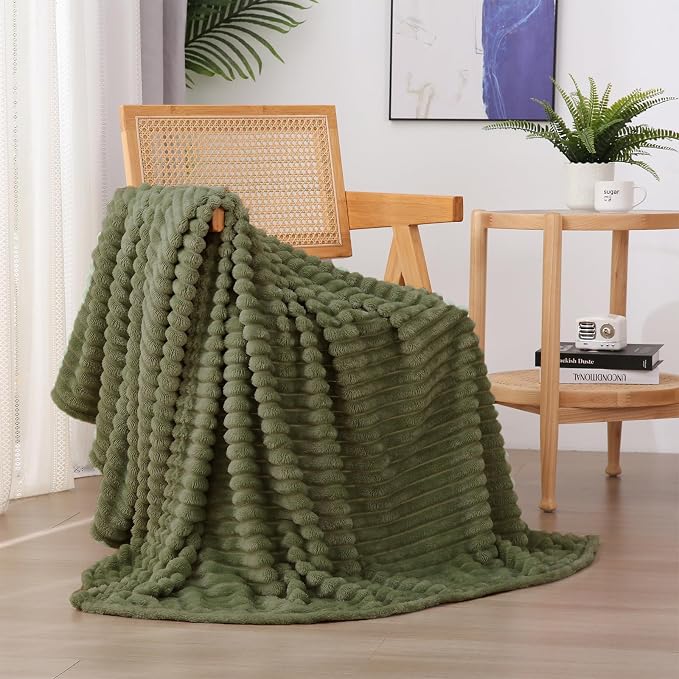 Olive Green Fleece Throw Blanket 60”×80” for Couch Sofa Livingroom | Super Soft Cozy Plush Microfiber Flannel Bed Blanket Striped Design Lightweight Home Decor Gifts for Adults Mom Women