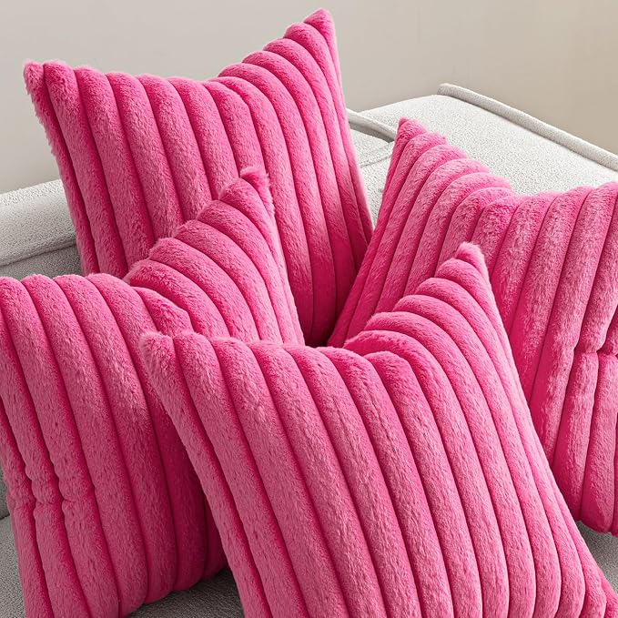 MIULEE Faux Fur Plush Decorative Throw Pillow Covers 20x20, Hot Pink | Set of 4, Striped, Soft Romantic Modern Cozy Home Decor, Cushion Cases for Sofa Couch Bed Living Room