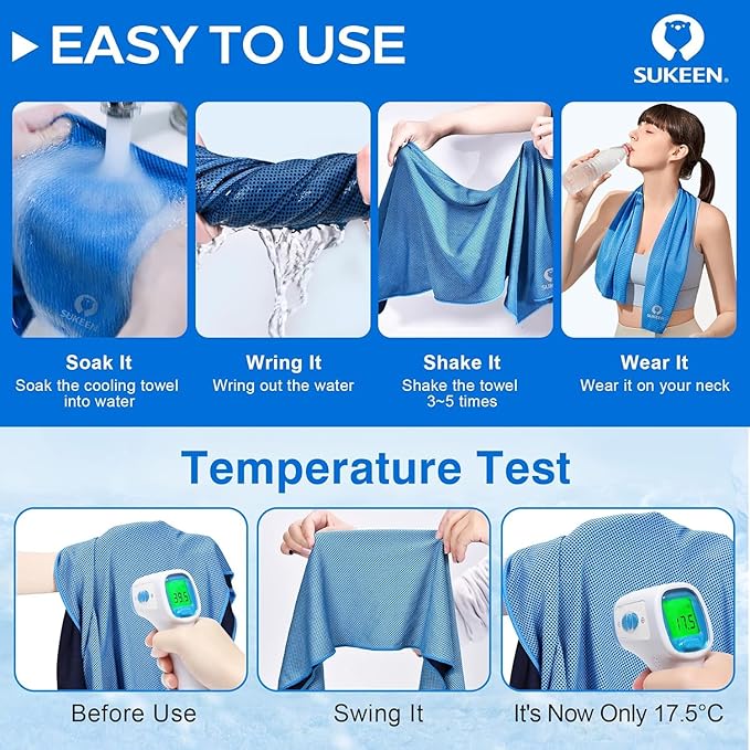 Sukeen Cooling Towels 8 Pack (40"x12"), Cooling Neck Wraps, Ice Towel for Hot Weather, Soft Breathable Chilly Towel, Microfiber Towel for Gym, Yoga, Sports, Golf, Camping, Running, Fitness, Workout