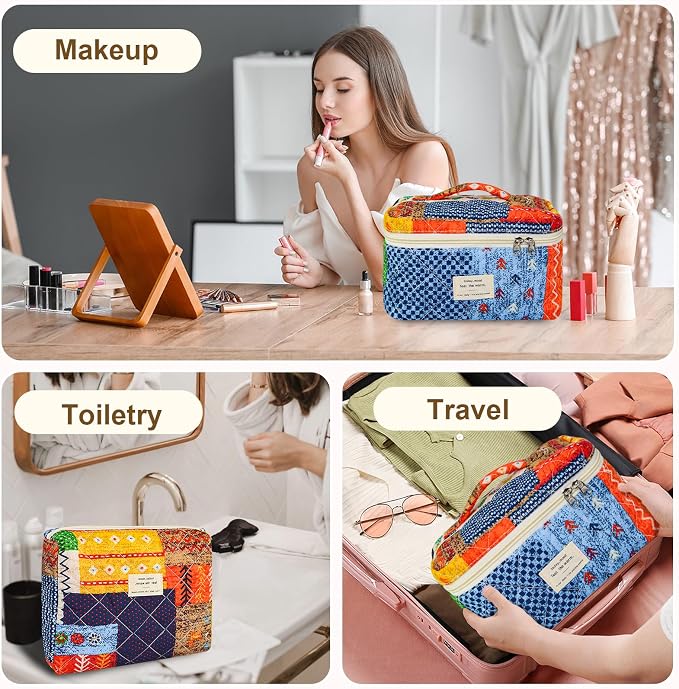 GISMTR 3Pcs Makeup Bag Cotton Quilted Travel Cosmetic Bag Cute Floral Makeup Pouch Large Toiletry Bag for Women Girls