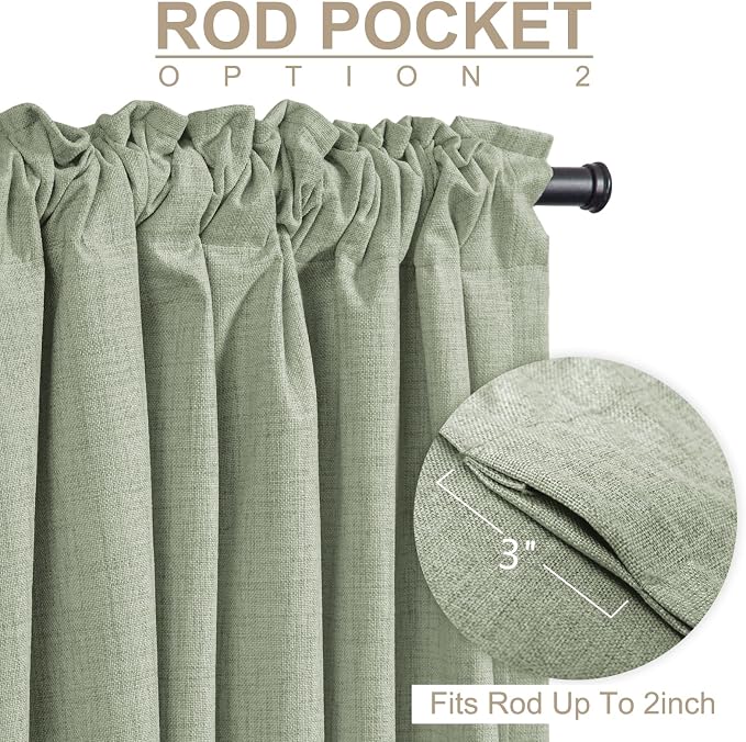 100% Blackout Shield Linen Blackout Curtains for Bedroom 72 Inches Long, Back Tab/Rod Pocket Living Room Drapes, Thermal Insulated Blackout Curtains 2 Panels Set, 50" W x 72" L,Sage Green
