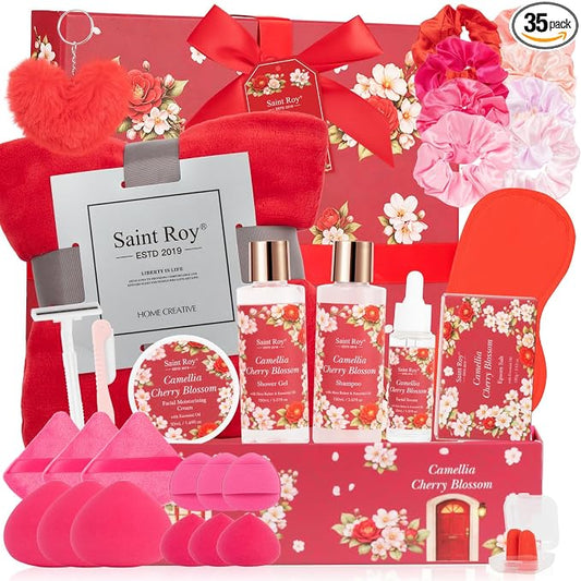 35Pc Birthday Gift for Women, Cherry Blossom Rose Bath and Body Basket Gift | Spa Gift Basket, Face Skin Care Kit, Home Spa Self Care, Lip Gloss, Birthday, Christmas, Mother, Bridal Shower, Anniversary