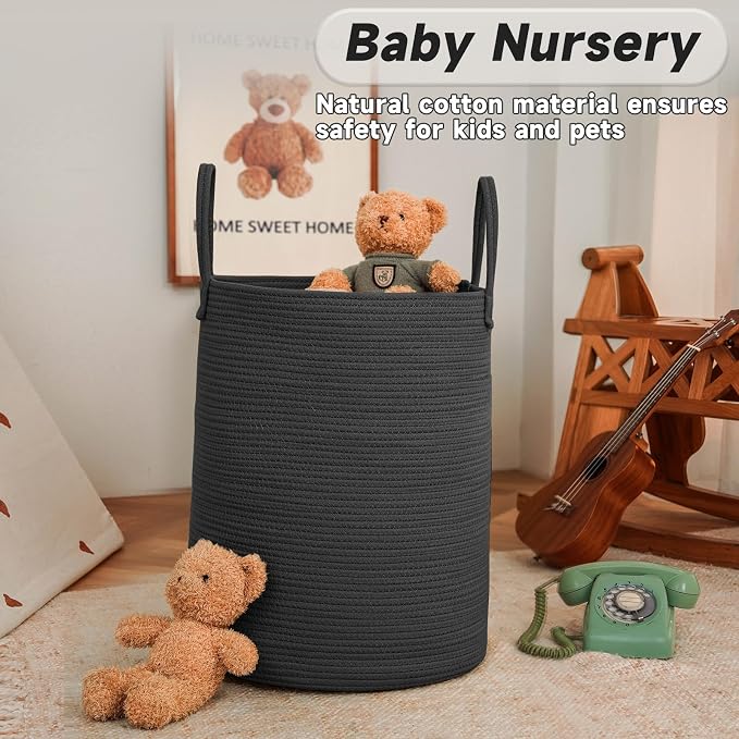 JMvicyroam 60L Cotton Rope Laundry Basket Hamper, Black | Collapsible laundry basket, reinforced handles, freestanding, machine washable, holds 3-5 thick blankets, clothes or toys