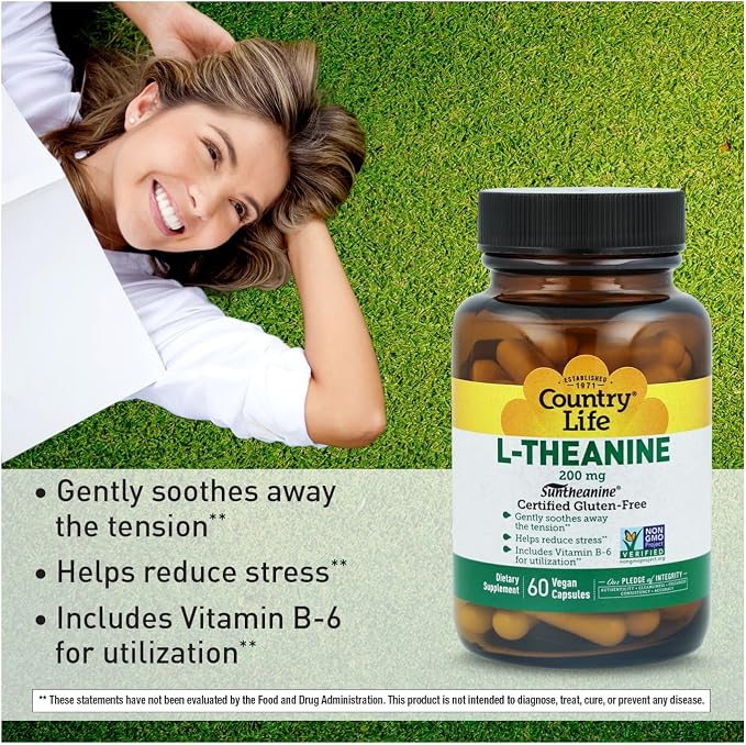 Country Life Suntheanine L-Theanine – 60 Vegan Capsules | Natural Stress Relief Supplement with Inositol | Promotes Relaxation, Focus & Better Sleep | Certified Gluten-Free, Non-Drowsy Formula