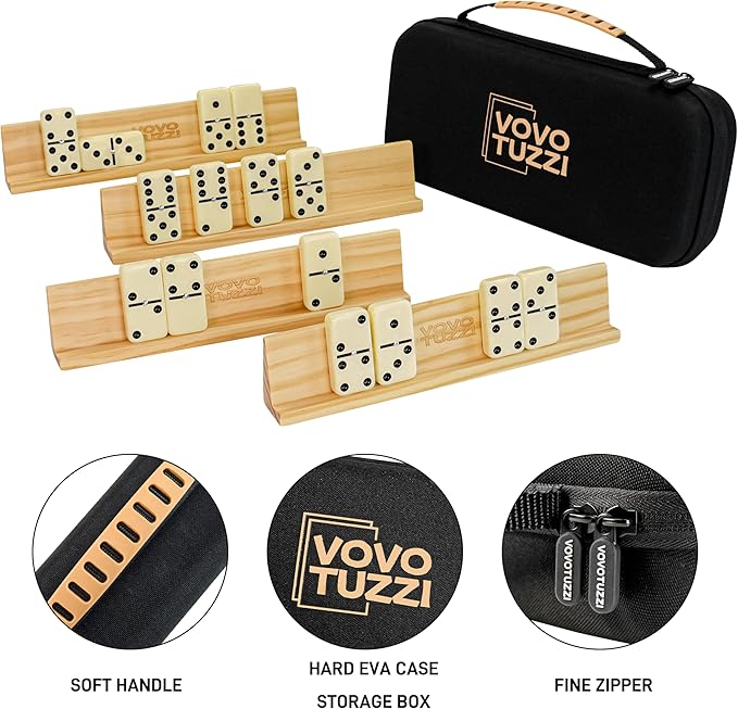 Dominos Set for Adults with 4 Wooden Racks/Stands, Jumbo Dominoes Travel Set with Portable Zipperd EVA Box, 28 Tiles Double 6 Domino Game Set - Classic Board Games, for Family and Outside Games