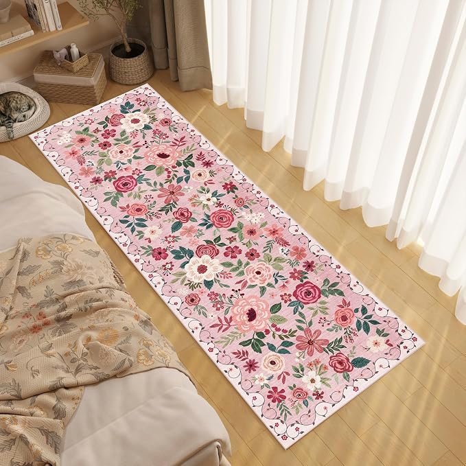 DUKINO 2x10 Runner Rug, Floral Washable Kitchen Runner Rug Non Slip, Pink | Soft, Low Pile, Stain Resistant Indoor Rug Runner for Hallway, Entryway, Bedroom, Bathroom, Laundry, Pet Friendly, Home Decor