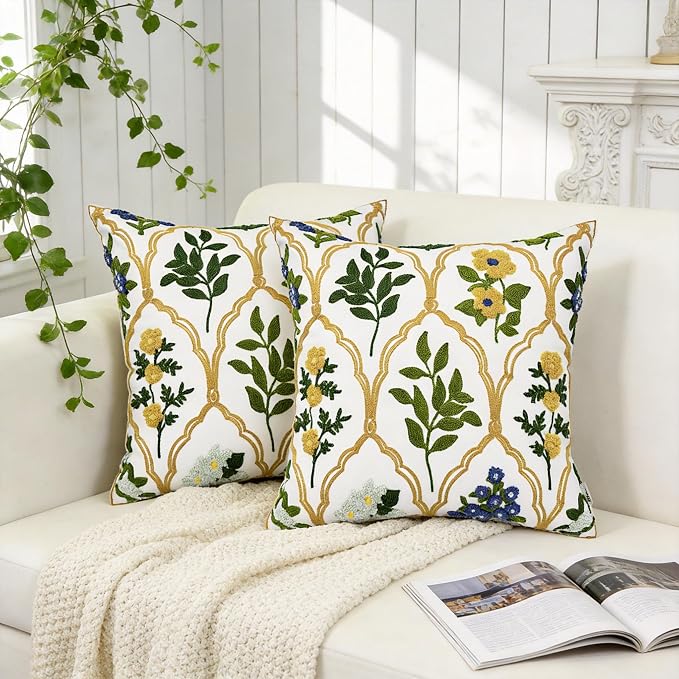 Alysheer Spring Summer Floral Embroidered Decorative Throw Pillow Cover 18"x 18" Set of 2, Flower Leaves Embroidery Patterned Multicolor Cushion Case for Sofa Couch Living Room Bedroom Outdoor