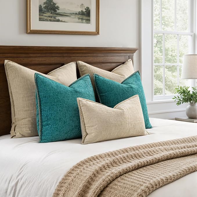 MIULEE Decorative Lumbar Throw Pillow Covers 12x20 Inch Beige 2 Pack | Neutral Farmhouse Pillow Covers with Stitched Edge, Soft Chenille Cushion Cases, for Couch Sofa Bed Living Room Home Decor