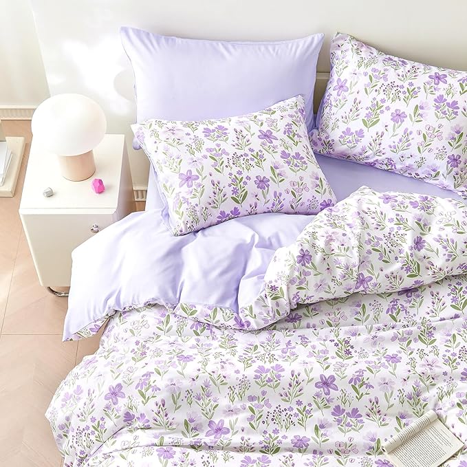 Wake In Cloud - Floral Bedding Set for Girls, Cute Colorful Botanical Flowers Patterned Soft Lightweight Comforter Set with Sheets, 7 Pieces Kids Bed in a Bag, Purple White, Full Size