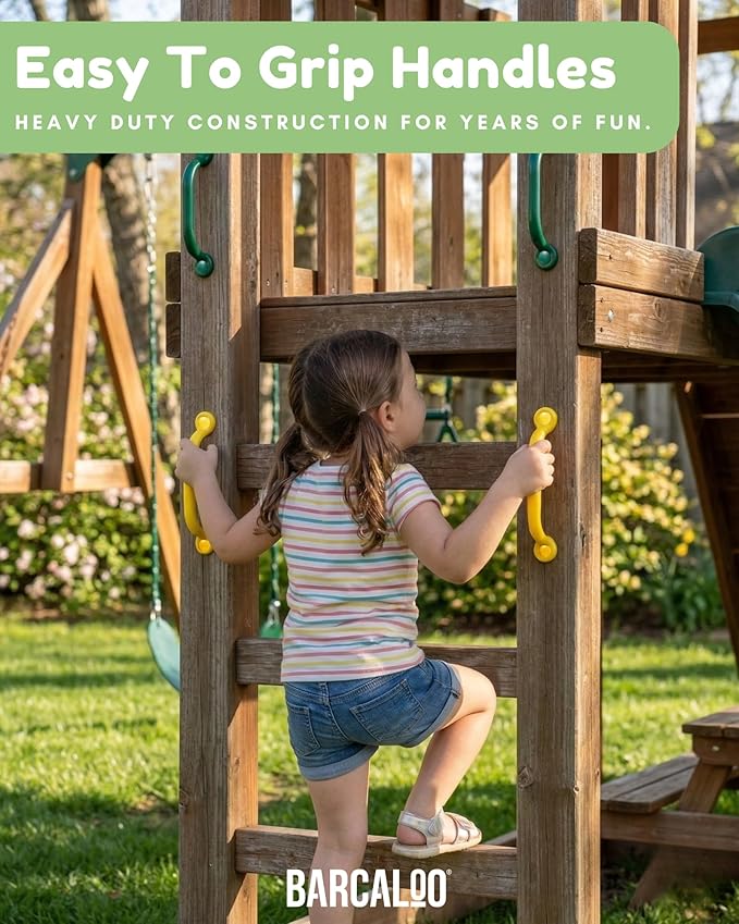 Playground Outdoor Safety Handle Accessories 4 Pack Color Combo Set – Set of 2 Green & 2 Yellow Grab Handle Safety Bars Equipment for Kids Jungle Gym, Tree House, Monkey Bars, and More