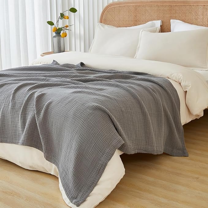 EMME Muslin Blankets for Adults Throw Blanket for Couch Breathable Gauze Soft Lightweight Airy Grey Queen 90" x 90"