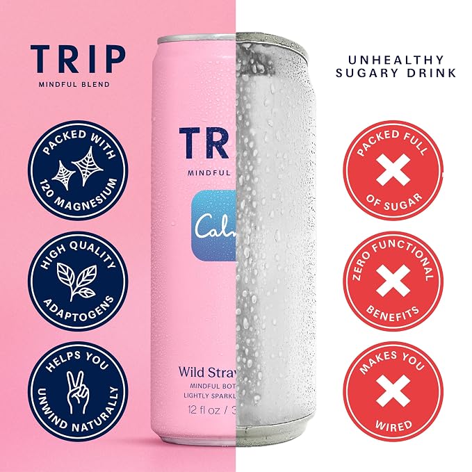 Trip Mindful Blend, Lightly Sparkling Adaptogen Seltzer, Mocktail w/ 120mg Magnesium Citrate with Ashwagandha, Lions Mane & L Theanine, No Added Sugar, Vegan, Tropical Fruits Variety Pack, 12 Oz, 12Pk