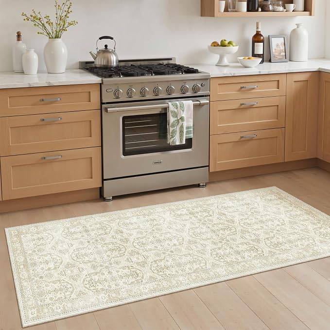 Soalmost Runner Rug 2x6 Washable Kitchen Hallway Runners Beige/Brown | Non-Slip Low-Pile Rugs for Entry Bathroom Laundry Room, Vintage Foldable Floor Carpet Mat Entryway for Corridor Bedroom