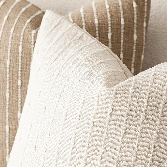 Foindtower Pack of 2 Decorative Jacquard Boucle Throw Pillow Covers Accent Textured Striped Pillowcases Soft Boho Modern Cushion for Couch Sofa Bedroom Living Room Home Decor 22x22 Inch Cream White